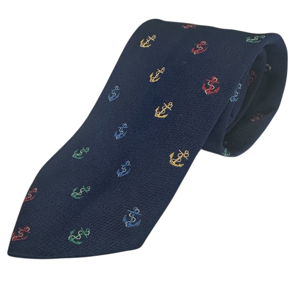 J. McLaughlin Silk Tie Anchors Sailing Nautical Navy Blue Green Yellow Red Theme